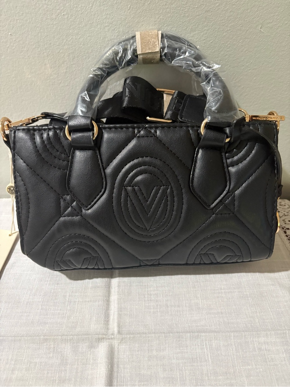 Valentino Orlandi Black Quilted Satchel with Gold Hardware NEW